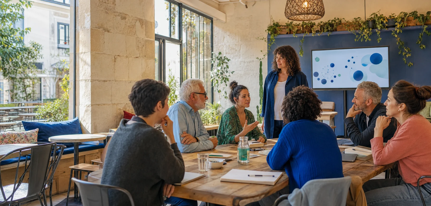 Petit groupe en conversation autour d’une table de café